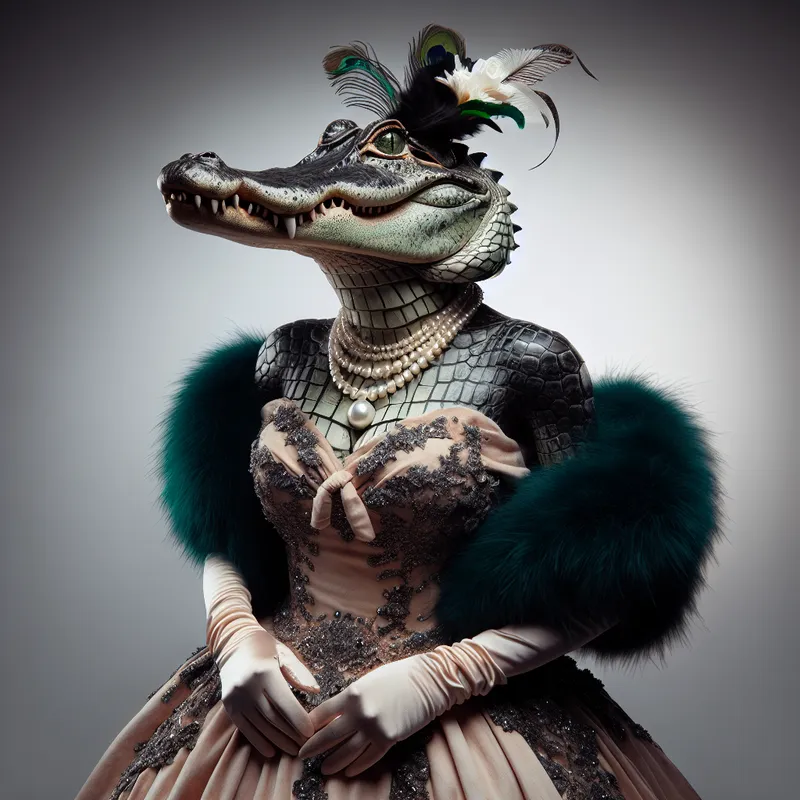 Majestic Gator Glam - Generate an image of a majestic alligator queen in a thrifted evening gown, feather boa, pearl necklace, and striking makeup, without any background. - AI image generated with DALL-E 3