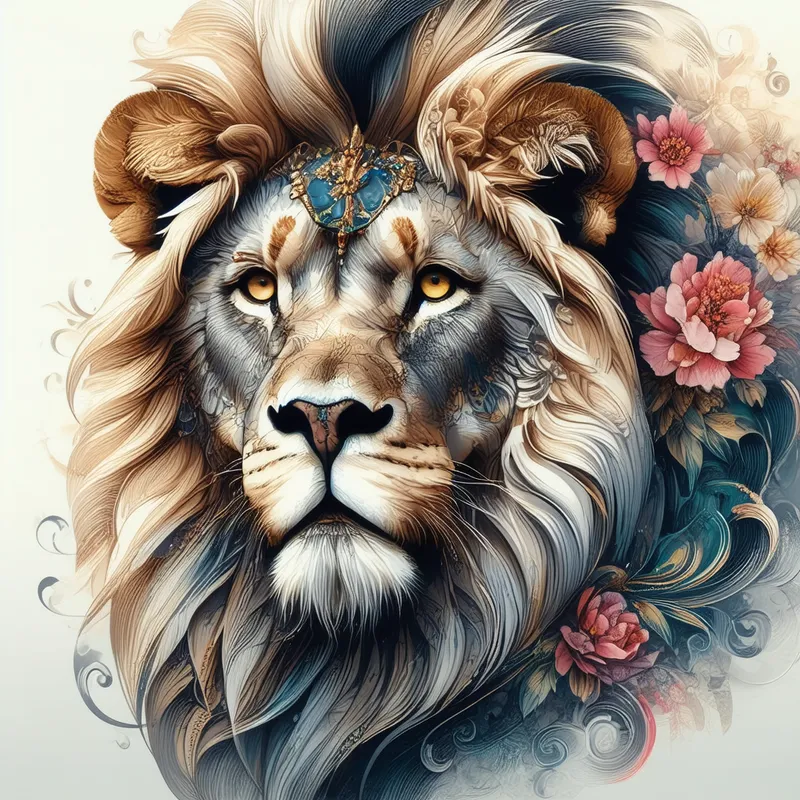 Majestic Lion Tattoo with Floral Details - A highly detailed and realistic tattoo design featuring a majestic lion with piercing eyes, surrounded by intricate floral patterns and shading to create depth and texture.