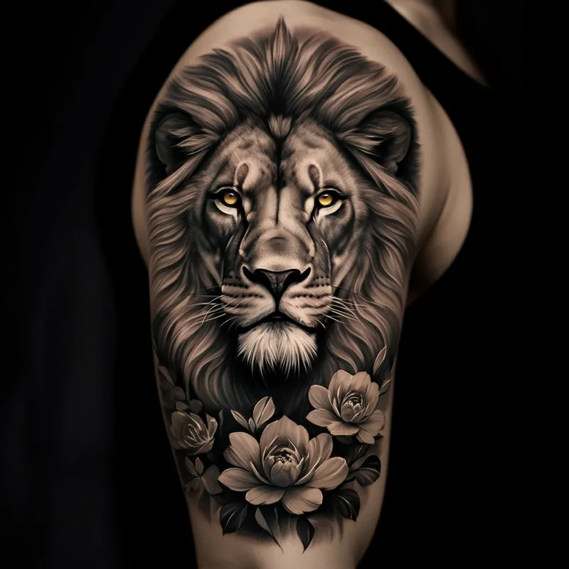 Majestic Lion Tattoo with Floral Details - A highly detailed and realistic tattoo design featuring a majestic lion with piercing eyes, surrounded by intricate floral patterns and shading to create depth and texture. - AI image generated with Imagen 3