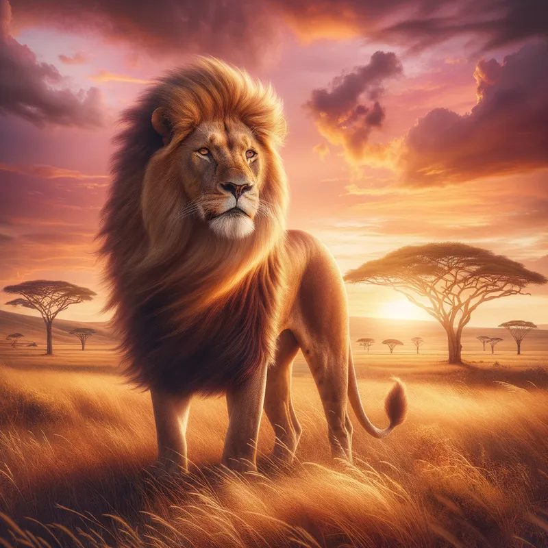 Majestic Lion in the Savannah - A powerful lion standing proudly on a sunlit savannah, golden mane flowing in the wind, with acacia trees and a dramatic sunset sky in the background. - AI image generated with Art - photorealistic