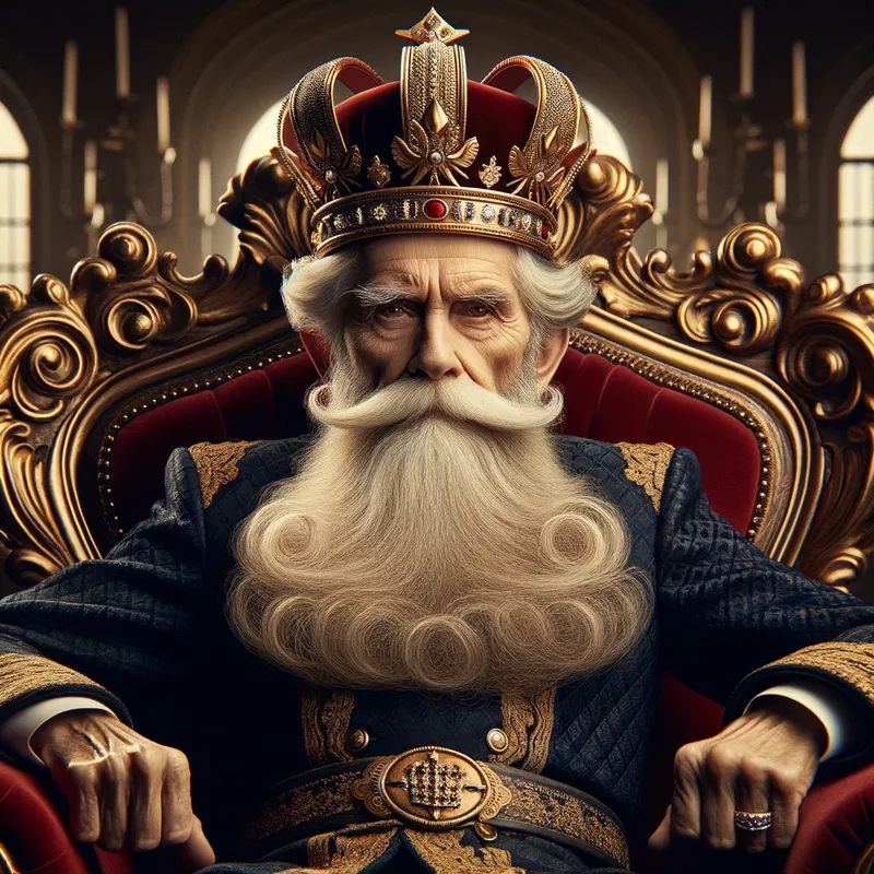 Majestic Sovereignty - An aged king with a luxurious crown and a distinguished beard, seated on his opulent throne with a tough, no-nonsense facial expression, exuding power and authority. - AI image generated with Art