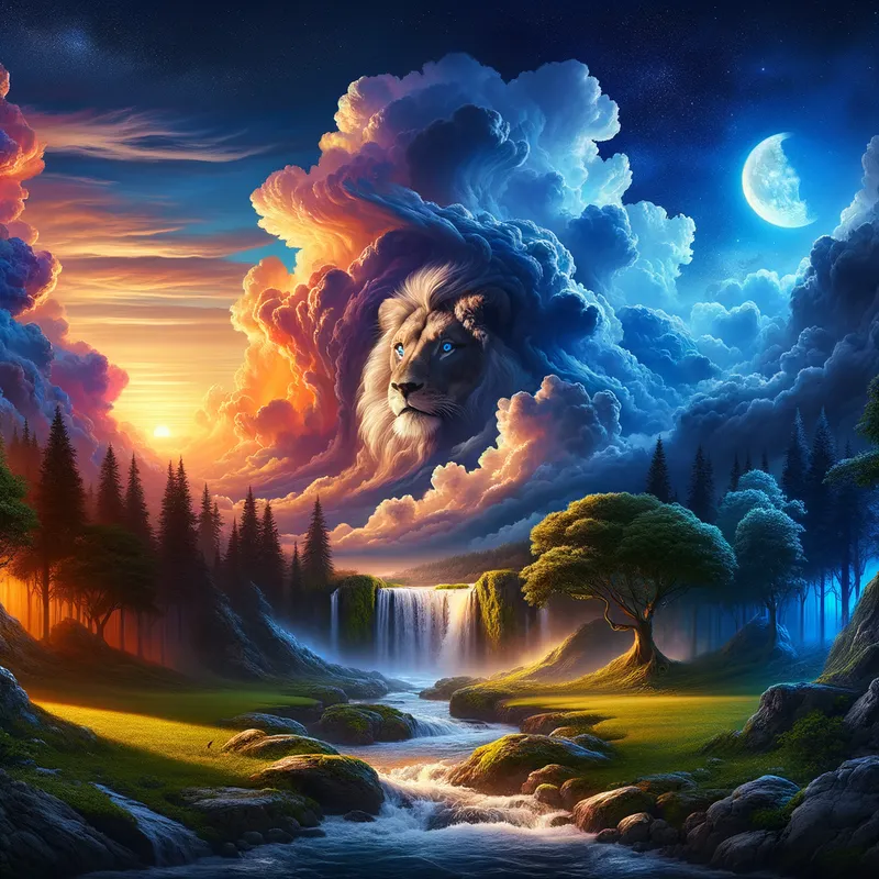 Majestic Sunset with Lion - A beautiful landscape scene where the upper center is adorned by a magnificent sunset, with vibrant colors of orange, blue, pink, and purple illuminating the sky while the clouds float gently. Within the clouds, a subtle shape of a Lion is revealed, adding a majestic touch to the landscape.
In the upper left, a mysterious and captivating moonlight shines through the clouds, creating a unique and enchanting contrast with the warm hues of the sunset. Below, in the lower central right, a lush green lawn extends, shaped by a few field trees that bring an air of calm and tranquility.
To the left, in the lower and central corner, the lawn transforms into a rocky formation, where a waterfall cascades vigorously beside a forest. This waterfall, with its crystal-clear waters, blends harmoniously with the moonlight, reflecting the soft light on the stones. The water continues to form a small river that winds from the central left to the lower right, completing this extraordinary and magical scene. - AI image generated with Art