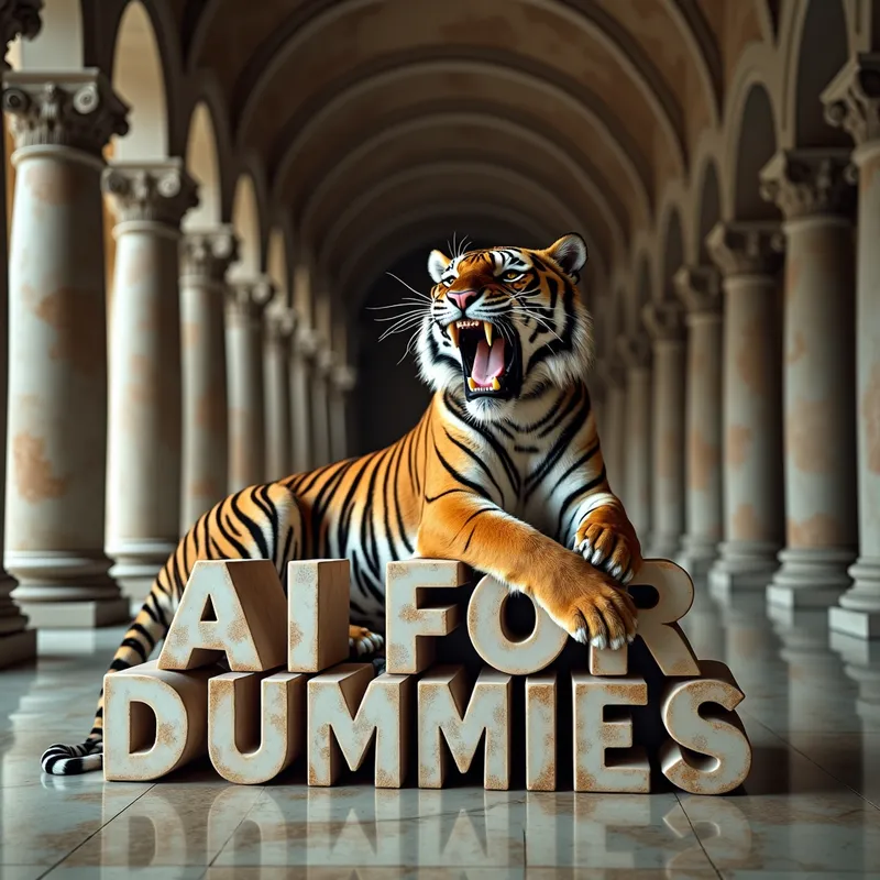 Majestic Tiger in Polished Romaneque Room - A breathtaking Bengal tiger, roaring loudly, comfortably positioned on top of huge marble letters spelling 'AI FOR DUMMIES'. The backdrop is a grand, classic, highly polished romanesque room with numerous large columns adorned with carved designs. The floor is reflective and well-polished. The picture should be taken with perspective, ensuring it is photorealistic, cinematic, bright, clear, sharp, and crisp. - AI image generated with Text - dark tones, close-up macro photograph, fantasy art