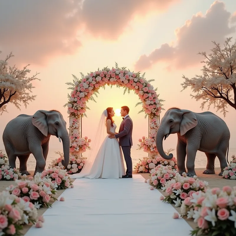 Majestic Wedding Bliss - A grand wedding scene with a white-themed decor, a couple exchanging vows surrounded by roses and lilies, elephants symbolizing good fortune, and a sunset painting the sky in hues of pink and orange. - AI image generated with Photorealistic 2
