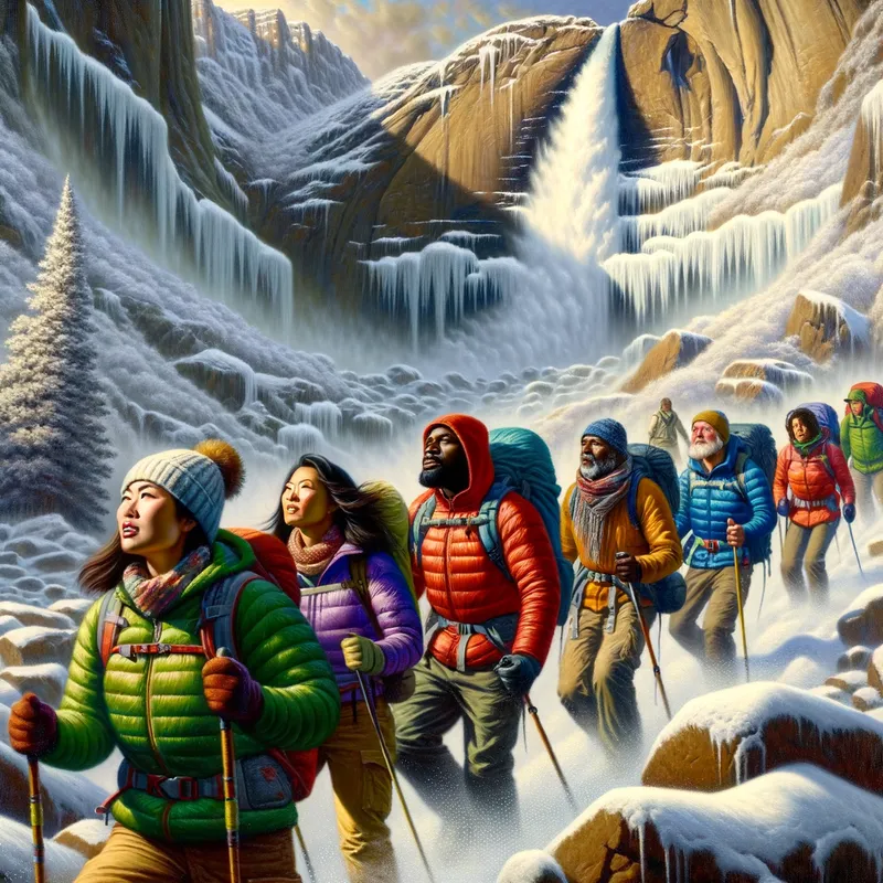 Majestic Winter Ascent - A group of hikers trekking through a snowy mountain landscape, with a towering waterfall cascading in the background. - AI image generated with Art - antique wall portrait