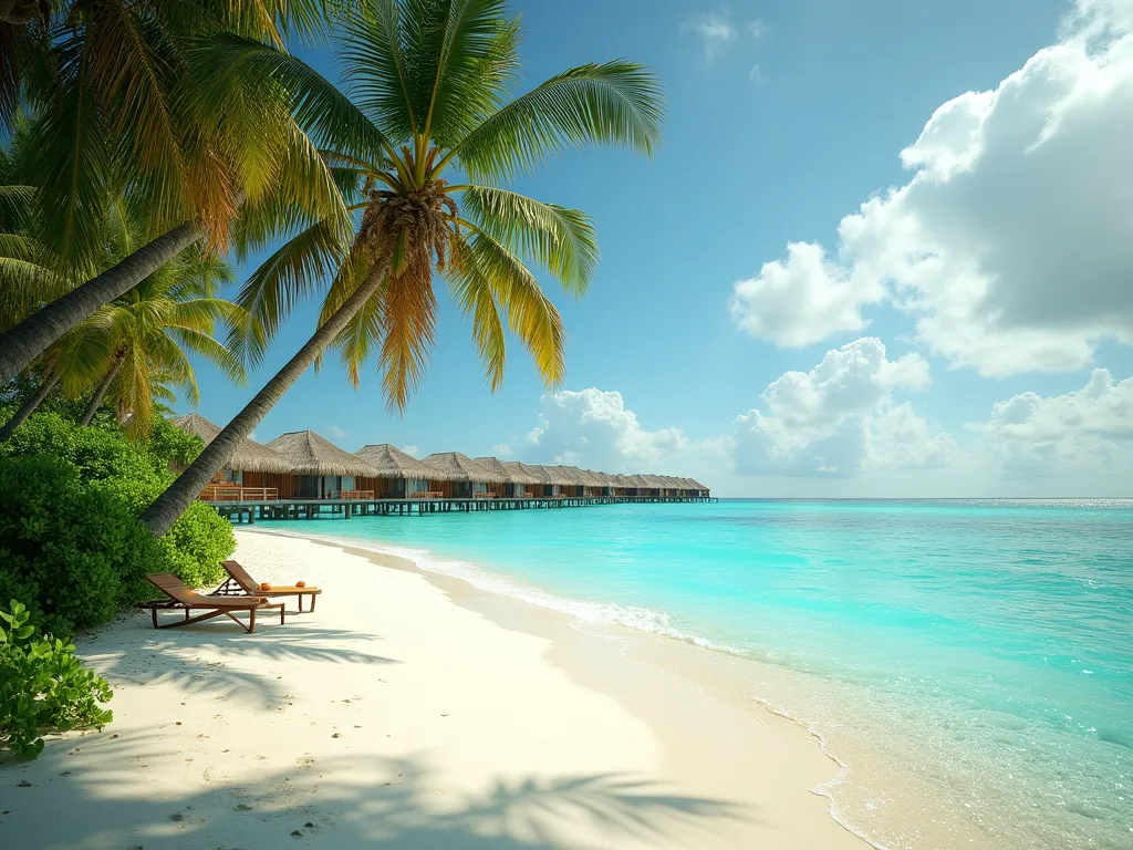 Maldives Paradise Beach - Create a photorealistic image of a paradisiacal beach in the Maldives: powdery white sand, crystal-clear turquoise water, swaying palm trees, and elegant overwater villas stretching toward the horizon. Warm golden sunlight, gentle waves, lush tropical greenery, serene atmosphere, vivid natural colors, wide cinematic composition. - AI image generated with Photorealistic 2