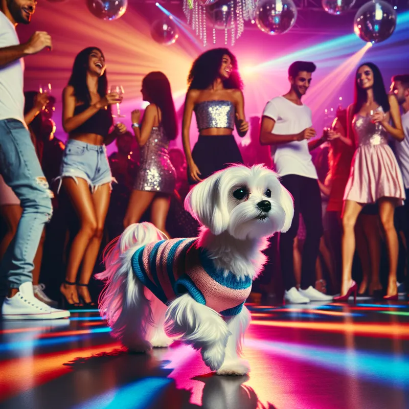 Maltese Moves - A graceful white Maltese dog, donning a casual look, effortlessly gliding across the dance floor, surrounded by the energy of a vibrant club setting. - AI image generated with Art