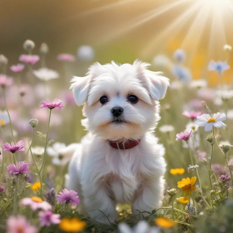 Maltese Puppy in Sunlit Wildflowers - A charming Maltese puppy standing in a dreamy field of wildflowers, bright spring colors, soft breeze moving its fur, whimsical and magical atmosphere, realistic and highly detailed. - AI image generated with Photorealistic - lens flare