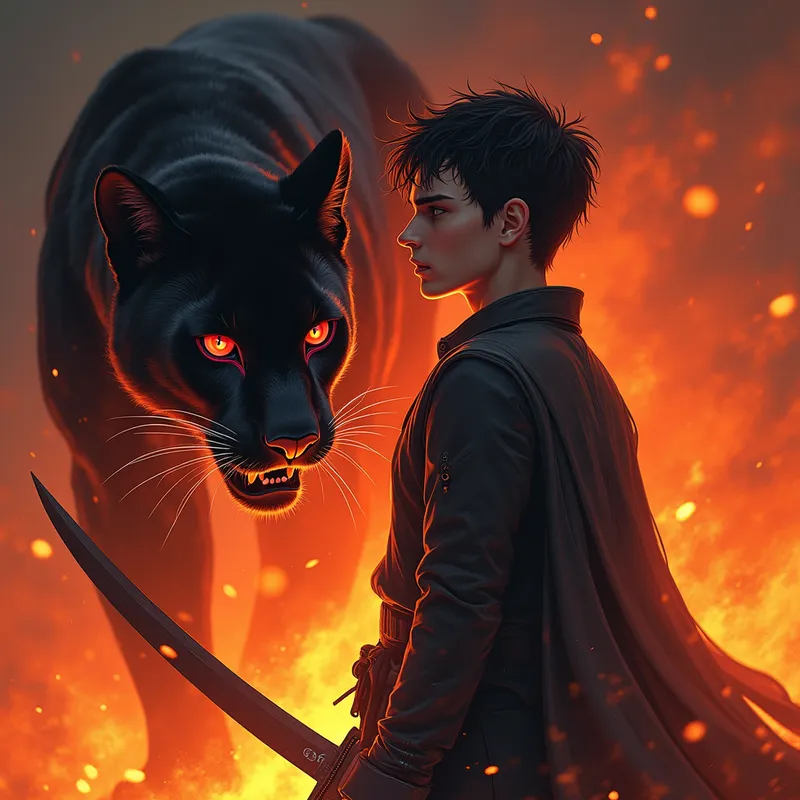 Man Faces Fiery Panther in Inferno -  In the heart of an inferno, a man stands unfazed, his short, unruly dark brown hair framing his striking purple eyes. He draws his blade as a panther with ominous red eyes materializes from the flames before him, exuding danger and strength. A side shot. - AI image generated with Photorealistic 2