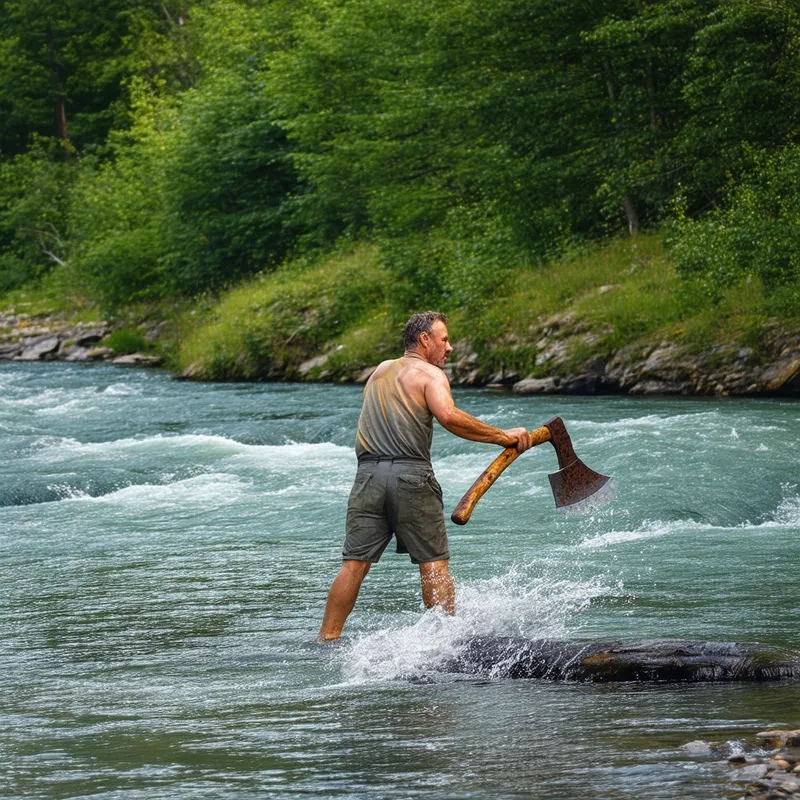Man Throwing Rusty Iron Axe - A picturesque scene of a man standing by the riverbank, captured mid-motion as he throws a rusty iron axe into the flowing river. The background showcases the serene, natural landscape with lush greenery and calm waters reflecting the surrounding foliage. The man is dressed in casual outdoor clothing, and the rust on the axe contrasts with the pristine environment, emphasizing the act of discarding something old into the peaceful nature.