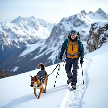 Man and Dog in Snowy Mountains