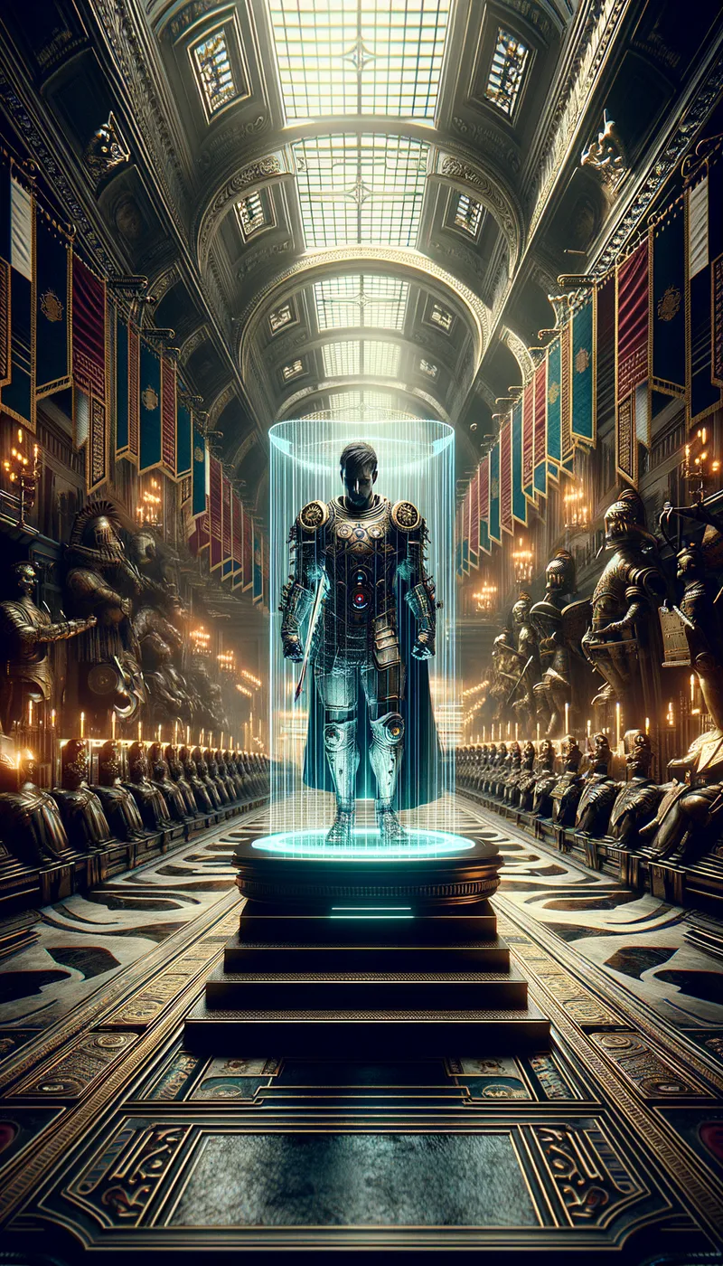 Mandalorian Legend - An ancient Mandalorian warrior, depicted in a grandiose holographic statue, standing in a ceremonial hall lined with historic relics and banners, evoking a sense of honor and tradition. - AI image generated with Art - dark tones, close-up macro photograph, cyberpunk
