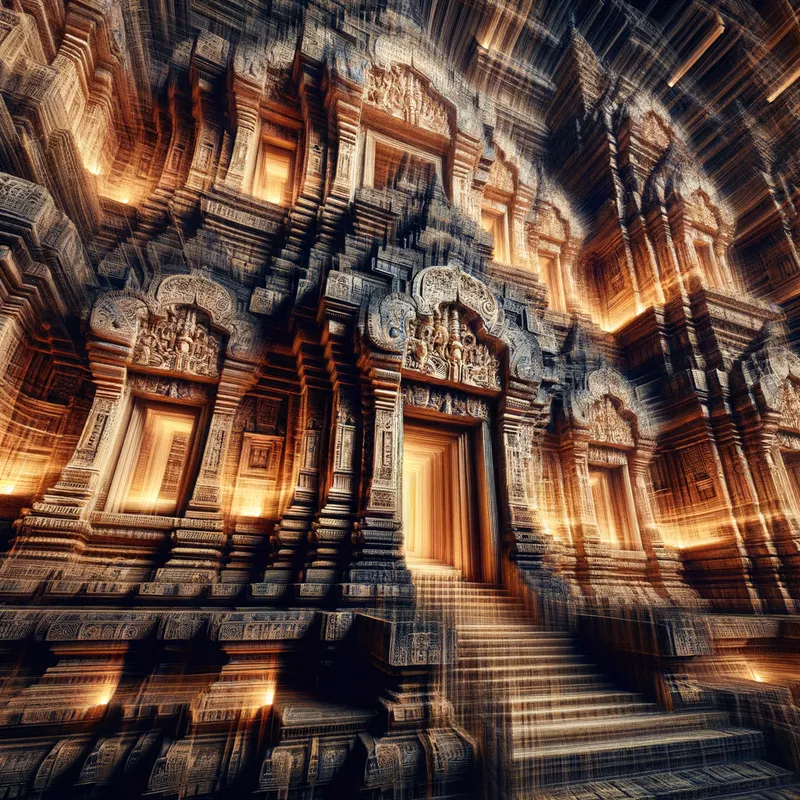 Mandalorian Temple - An ancient Mandalorian temple, its walls covered in intricate carvings and scripts. The temple is illuminated by the soft glow of torches, giving it a mystical and reverent atmosphere. - AI image generated with Art - dynamic pose, close-up macro photograph, abstract