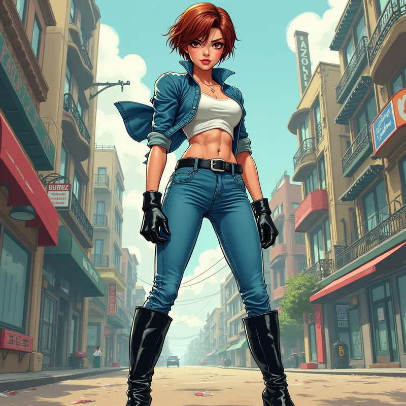 Manga Cowgirl Rebel - A vibrant manga-style illustration of a badass woman with a confident stance, wearing blue jeans and black leather equestrian boots. She stands in an urban setting, exuding power and determination, with stylish short hair and striking eyes. - AI image generated with Photorealistic 2