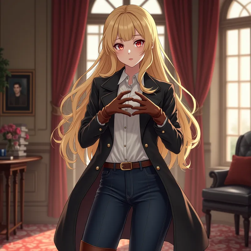 Manga Leather Queen - Portrait of an Asian girl with enchanting red eyes, white skin, and long blond hair with fringe. She dons a tailored black leather coat, straight brown leather gloves, dark blue slim jeans, and waist-high, shiny brown equestrian boots. The setting is an opulent office, where she stands before the viewer, gazing with dominance and hitting forcefully in an elegant, colorful manga style. - AI image generated with Photorealistic 2