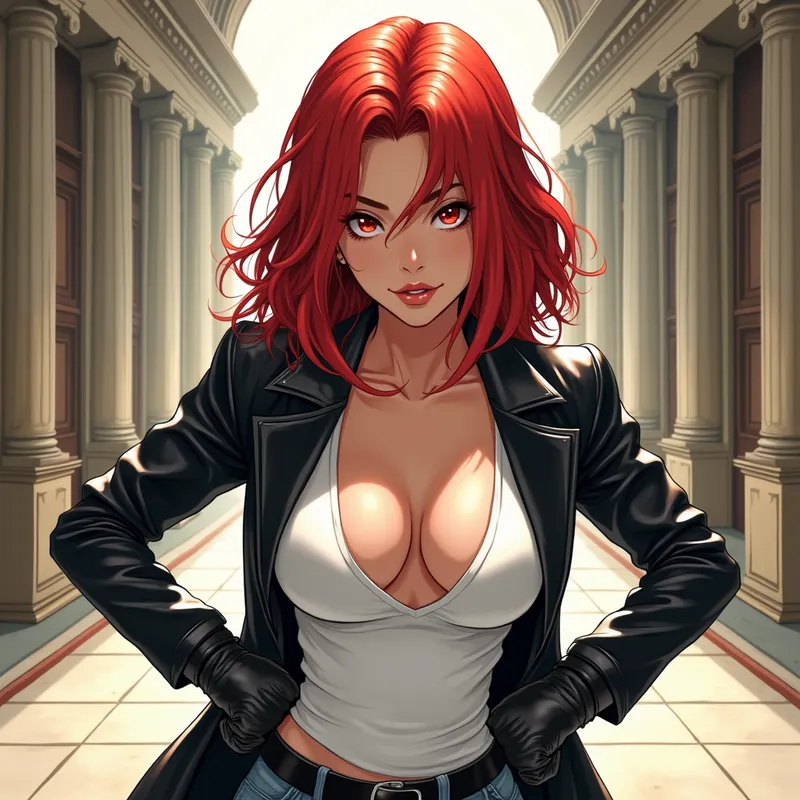 Manga Muse: Leather Elegance - A beautiful, strong red-haired woman, mid-length with a stylish strand on her forehead, wearing a sleek black leather coat, plunging white t-shirt, broad shiny gloves, low-rise jeans, and lacquered black boots. In a bright, impressive building hall, she bends forward, hands on hips, her striking red eyes filled with playful love. Highly detailed manga art, vivid colors, striking use of light and shadow. - AI image generated with Photorealistic 2