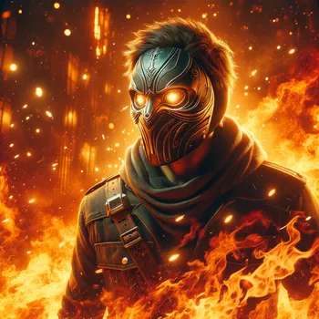 Mann mit Maske aus Feuer tritt hervor