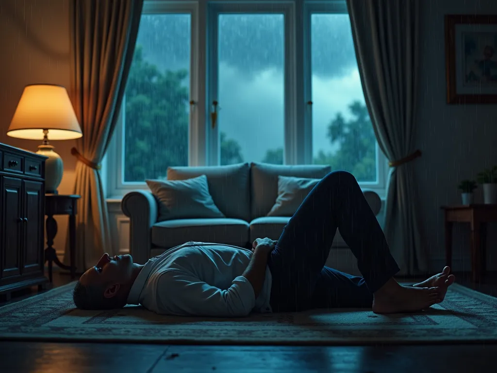 Mansion Office Thunderstorm - a middle-aged man lying on the floor of an office in a mansion on a rainy night with a window in the background showing rain and thunderstorms - AI image generated with Photorealistic 2