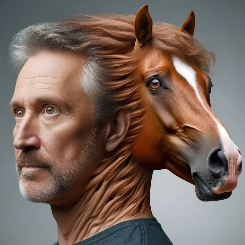 Man to Horse Metamorphosis - A man transforming into a horse. - AI image generated with Art
