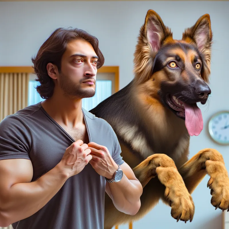 Man to Shepherd Transformation - A man transforming into a German shepherd dog. - AI image generated with Art