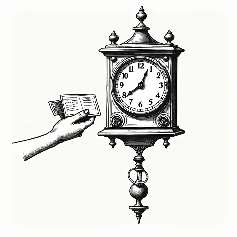 Manual Clock In Illustration - Artistic sketch in black ink of a vintage punch clock with mechanical details, highlighting a hand holding a timecard mid-punch, creating a sense of retro office routine. - AI image generated with Photorealistic 2 - minimalist line art