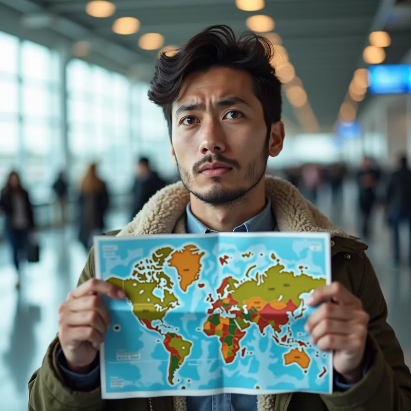 Map Reader in Dilemma - A person holding a folded world map, looking thinking and unsure, against the backdrop of a busy airport terminal. - AI image generated with Photorealistic 2