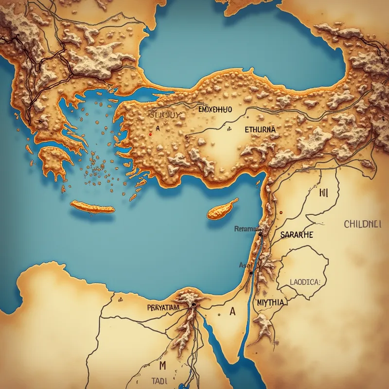 Map of the Seven Churches of Revelation - A detailed map showing the seven churches in the Book of Revelation located in Asia Minor, clearly labeled: Ephesus, Smyrna, Pergamum, Thyatira, Sardis, Philadelphia, and Laodicea. Include surrounding coastlines, terrain, ancient roads, and a subtle biblical parchment aesthetic. Add elegant cartographic elements, soft earth tones, readable labels, and a reverent historical atmosphere. - AI image generated with Photorealistic 2