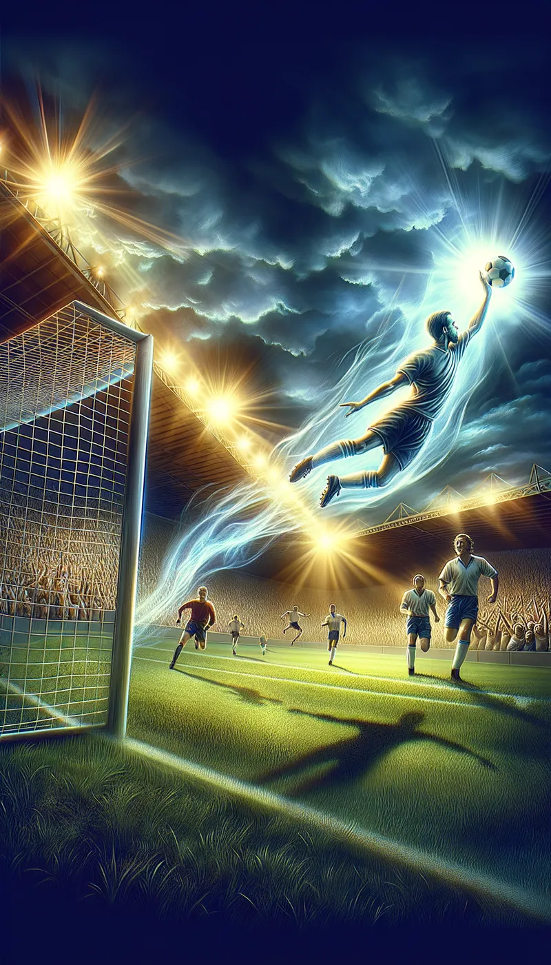 Maradona's Hand & Goal - Create a dynamic and vivid digital painting of Diego Maradona in the 1986 World Cup quarterfinals. Show him mid-air, subtly punching the ball into the net ("Hand of God") with a sly expression, while in the background, depict a ghostly, glowing trail of his "Goal of the Century" run, featuring English defenders left in awe. The stadium is packed with roaring fans, and the scene is bathed in warm sunlight, capturing the tension, controversy, and brilliance of the moment. - AI image generated with Art - surrealismus