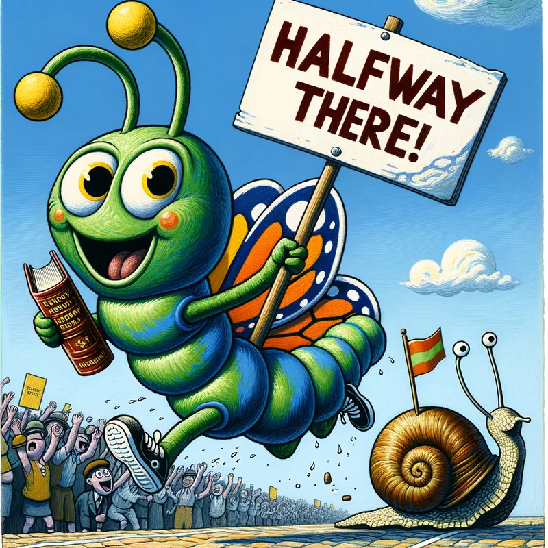 Marathon Caterpillar - summer and david wiesner inspired of a cute, happy caterpillar running a marathon holding a History book and approaching the finish line with a snail holding a white sign that says "Halfway there!" - AI image generated with Art - gouache technique, cartoony, Van Gogh