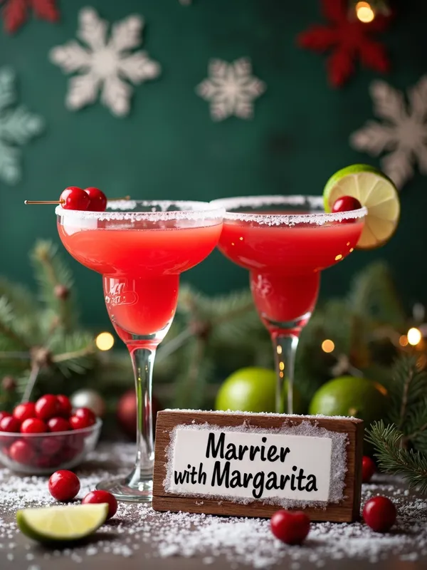 Margarita Magic - Christmas margarita glasses on holiday background, sign that reads 'Merrier with Margarita', centered, fit to image. The glasses are adorned with sugar rims, garnished with lime slices and cranberries, set against a backdrop of snowflakes and festive garlands. - AI image generated with Photorealistic 2 - master shot