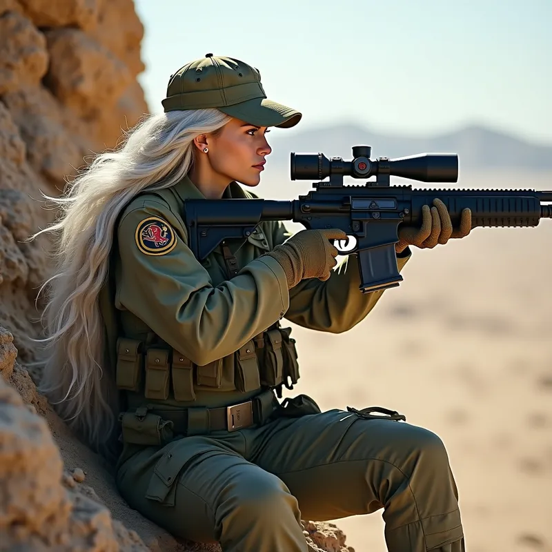 Marine Sniper Elf Camouflage - A mysterious elven woman in full marine uniform, blending seamlessly into a rocky desert terrain. She blends tactical sniper pose with elven grace, her long silver hair partially tucked beneath a military cap, as she scans the horizon through a scope, ready for her next target. - AI image generated with Photorealistic 2