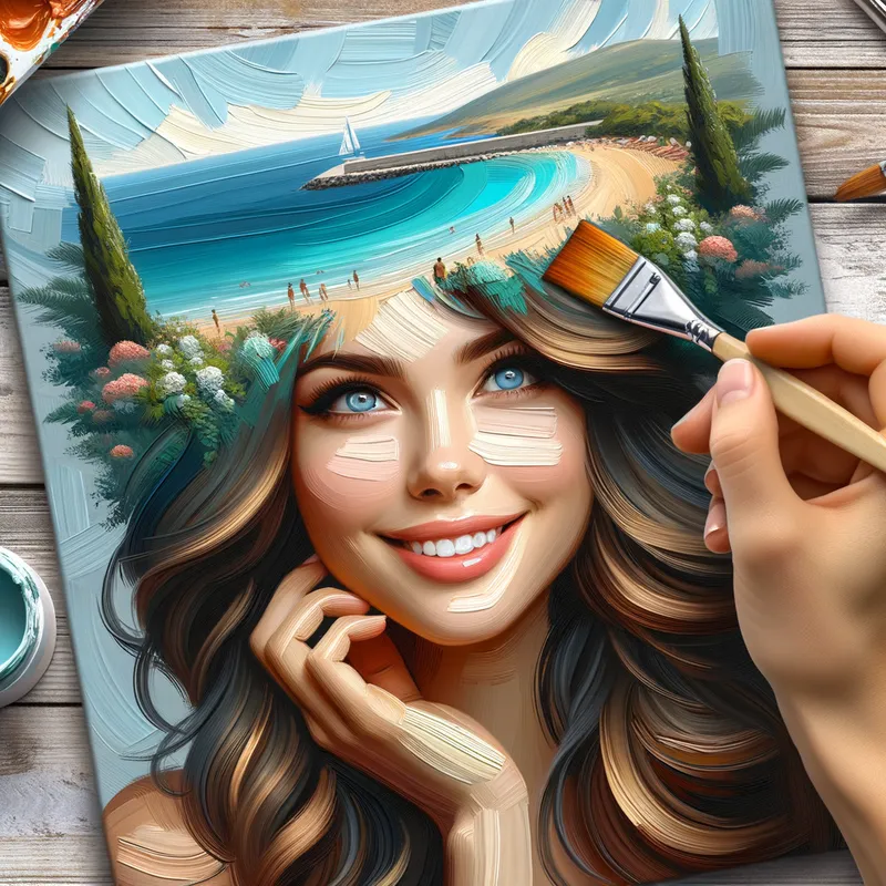 Maritime Muse - A charming young woman with picturesque seaside scenery embedded in her hair, reflecting happiness and the beauty of youth. - AI image generated with Art - oil painting with palette knife