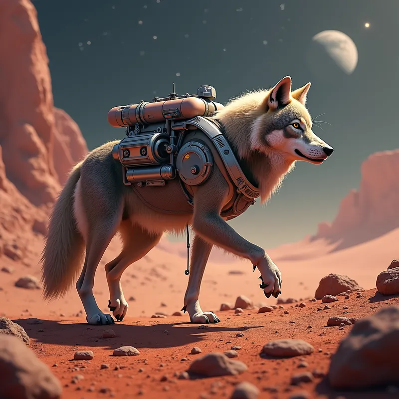 Mars Wolf Explorer - A majestic wolf wearing a high-tech space suit walks on all fours across the red, rocky terrain of Mars, under a vivid sky filled with stars. - AI image generated with Photorealistic 2