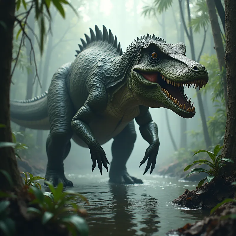 Marshland Terror - A towering dinosaur-alligator hybrid with the stance and ferocity of a T-Rex and the rugged scales and jaws of a giant alligator, prowling through a flooded jungle, moody atmosphere, sharp details, natural colors, highly realistic rendering. - AI image generated with Photorealistic 2