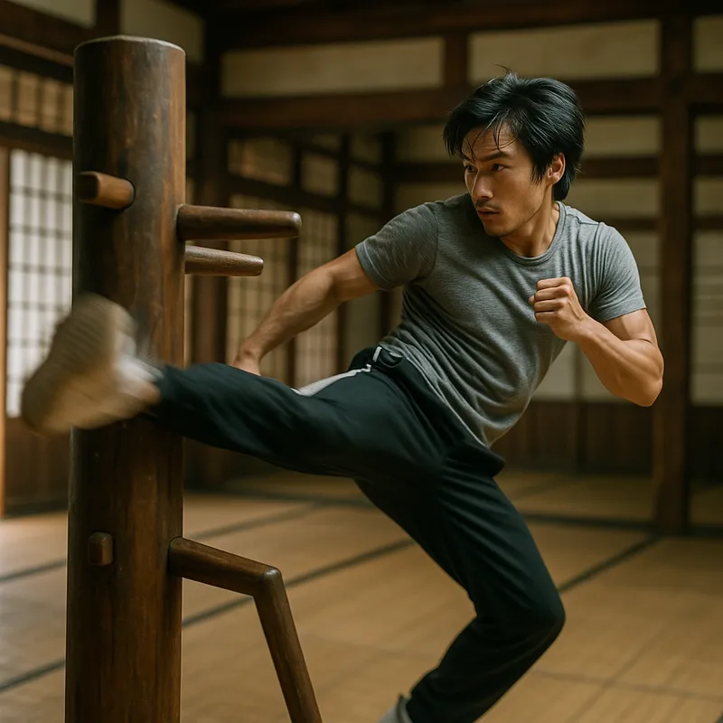 Martial Artist's Swift Back Kick - a martial artist inspired, wearing casual sporting, executing a fastest back kick against a wooden training dummy in a classic dojo setting

 - AI image generated with GPT Image - photorealistic, motion blur