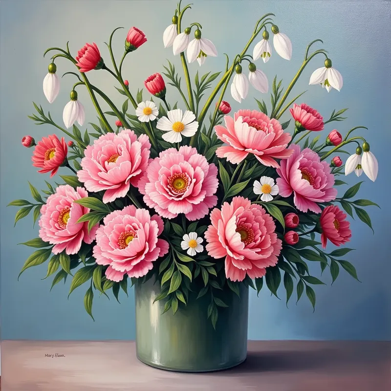 Mary Ellen's Vivid Bloom Arrang - A stunning flower arrangement for Mary Ellen's birthday, combining carnations  and snowdrop flowers creating a harmonious and joyful display. - AI image generated with Photorealistic 2 - oil art, vivid colors
