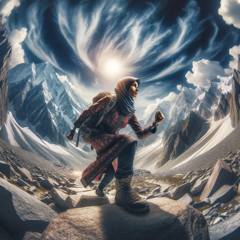 Maryam's Journey - A dynamic and adventurous scene of Maryam traversing a rugged mountain path with a sense of determination, the vast landscape around her showing snow-capped peaks under a dramatic sky. - AI image generated with Art - fish eye