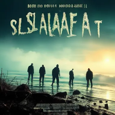 Masked Dawn Horror - An ominous poster for a slasher film, depicting a misty shore with masked men standing still and eerie, observing unsuspecting spring breakers celebrating under the early morning sun.