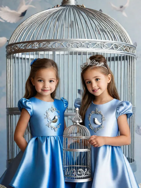 Matching Dresses, Bird Cage Dream - A realistic whimsical image two little pretty girls dressed in matching blue and silver dresses. In the background is a silver bird cage with a bird. They looking inside a silver bird cage on a background to match. In the style of Disney - AI image generated with Photorealistic