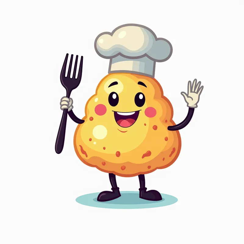 Mates To Go Mascot Logo 1 - Create a flat vector, illustrative-style mascot logo design for a fast food service named 'Mates To Go', depicting a friendly cartoon panipuri character wearing a chef's hat and holding a fork. Incorporate a playful palette of pastel colors such as yellow, pink, and sky blue to evoke a sense of fun and delight against a white background. Do not show any realistic photo detail shading. - AI image generated with Text