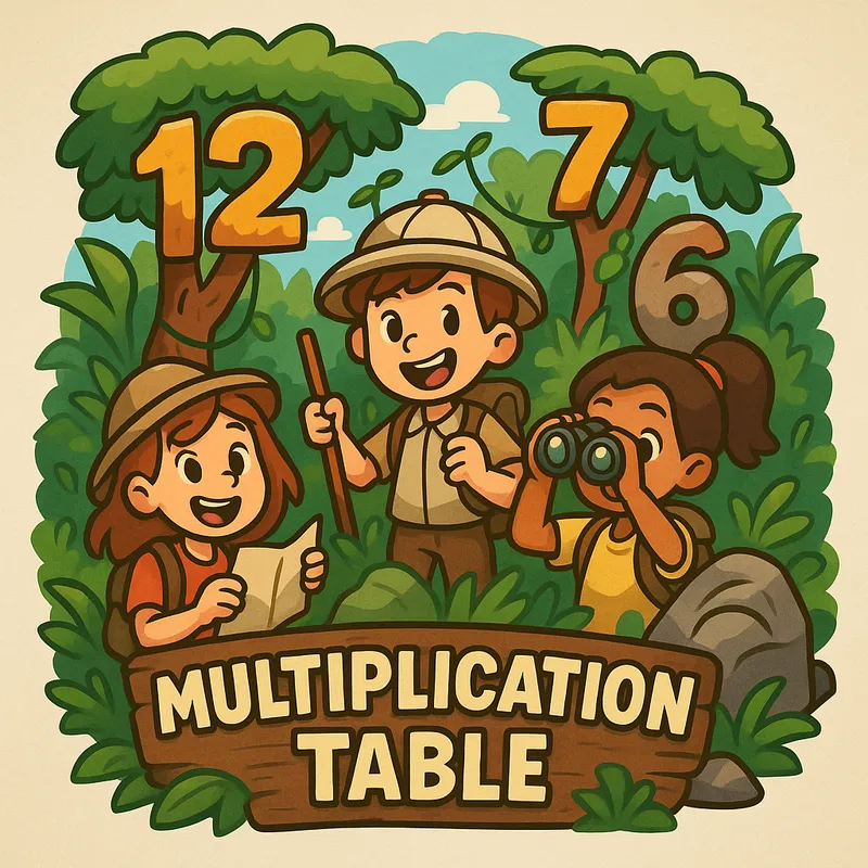 Math Explorers - A fun and adventurous logo for a multiplication table game, showing cartoon children exploring a jungle of numbers. The numbers are embedded in nature elements like trees and rocks. - AI image generated with GPT Image