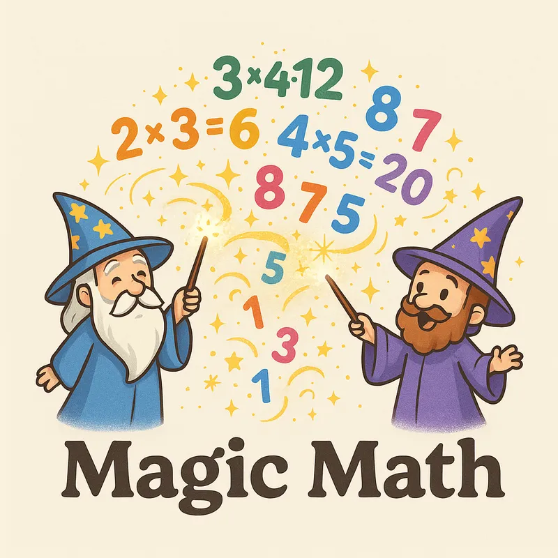 Math Wizards - A whimsical logo presenting cartoon wizards casting spells that transform into colorful multiplication tables and numbers. The design has a magical, enchanting atmosphere with sparkles and spell effects. - AI image generated with GPT Image