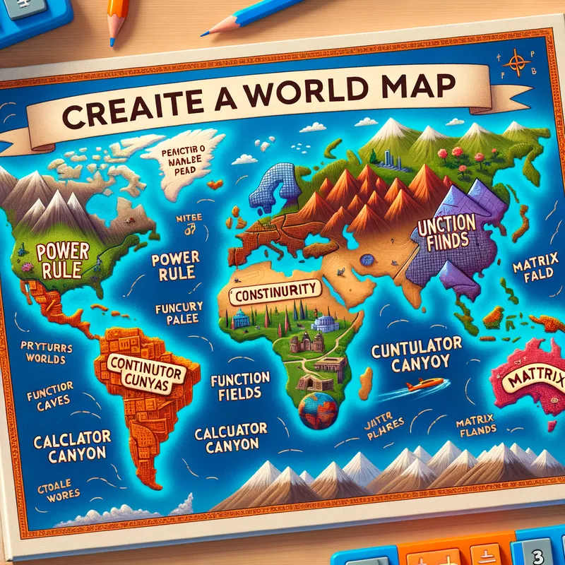 Mathematical Marvels - An intriguing cover image of a world map designed to engage and educate, featuring places titled 'Power Rule Palace,' 'Continuity Cove,' 'Function Fields,' 'Calculator Canyon,' and 'Matrix Mountain.' Each area depicted with visually appealing illustrations and vibrant colors. - AI image generated with Art