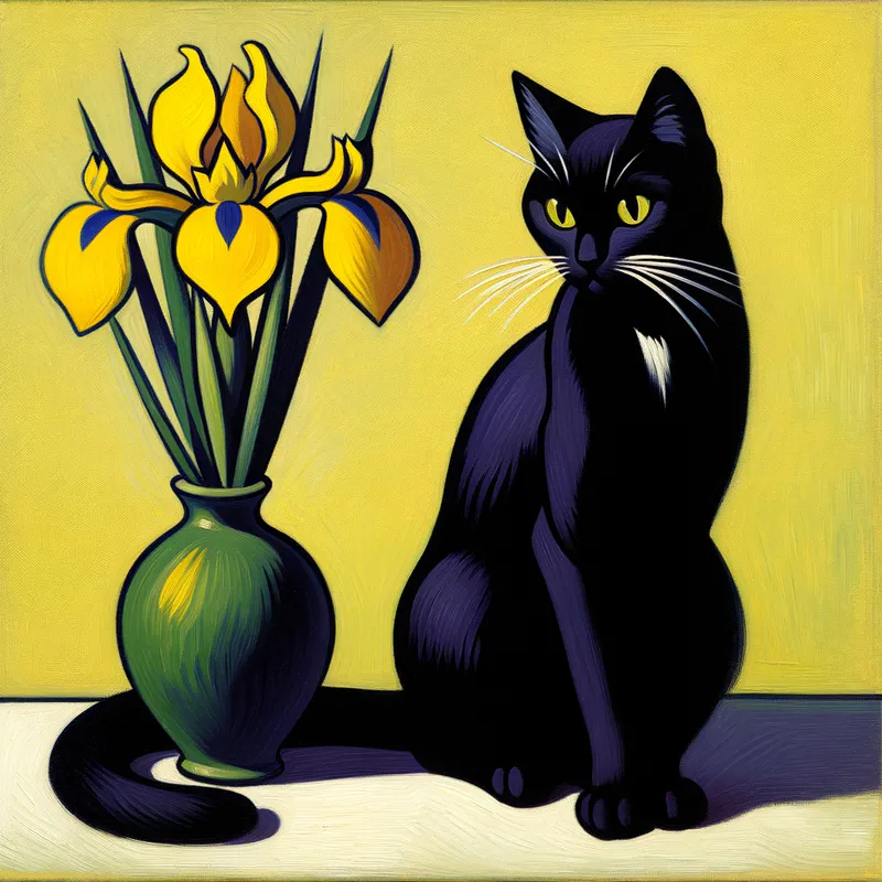 Matisse: Black Cat & Iris - edgy elegant black cat next to yellow flower iris in vase. - AI image generated with Art - Matisse