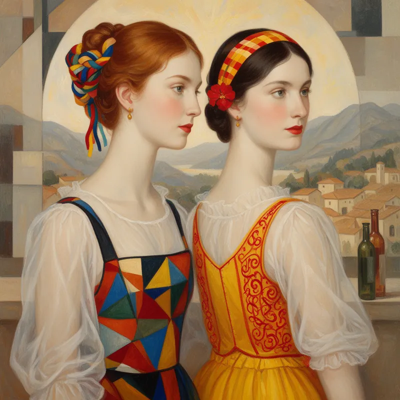 Matisse-Inspired Close-Up: Two Women - A warm-toned stylized painting of two women from the waist up, their bodies angled slightly away from the viewer while their eyes turn right with calm, serious intensity. The left woman wears her reddish-brown hair in an ornate bun wrapped with multicolored ribbons and is dressed in a sheer white blouse with voluminous sleeves and a striking multicolor geometric bodice. The right woman has dark brown hair adorned with a red-yellow striped headband and a small red flower, dressed in a transparent white blouse under a yellow and orange-red embroidered vest with hints of a yellow skirt below. Both women have porcelain-pale skin, soft blush, red lips, and tiny gold earrings. The background combines muted abstract geometry, a radiant circular form, distant mountains, a village with terracotta rooftops, and two bottles on a ledge. Painterly texture, defined brushstrokes, inviting light, balanced composition. - AI image generated with Flux 2 - Matisse, close-up