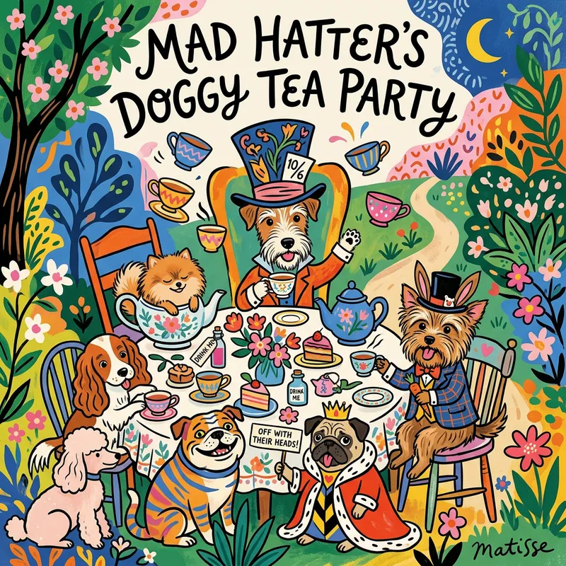 Matisse Mad Hatter Dog Tea - comical poster of a mad hatter tea party. All dogs dressed as characters. The rabbit is a yorkie. - AI image generated with Nano Banana 2 - Matisse
