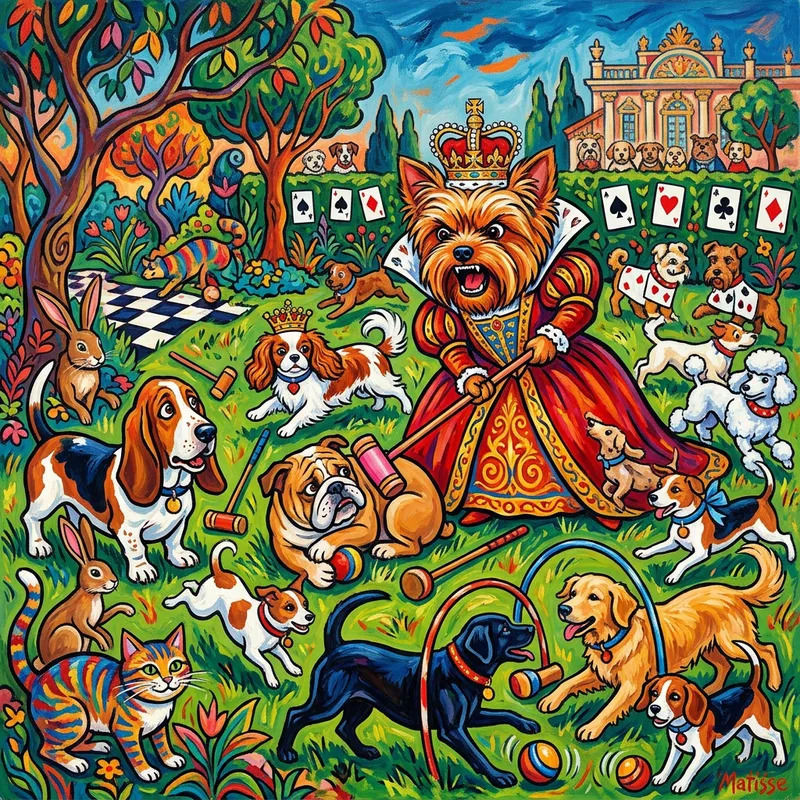 Matisse-style Yorkie Queen Croquet - Alice in Wonderland. The Queen of Hearts croquet game. All the characters are dogs. The queen is a yorkie. Chaos . painting style - AI image generated with Nano Banana 2 - Matisse