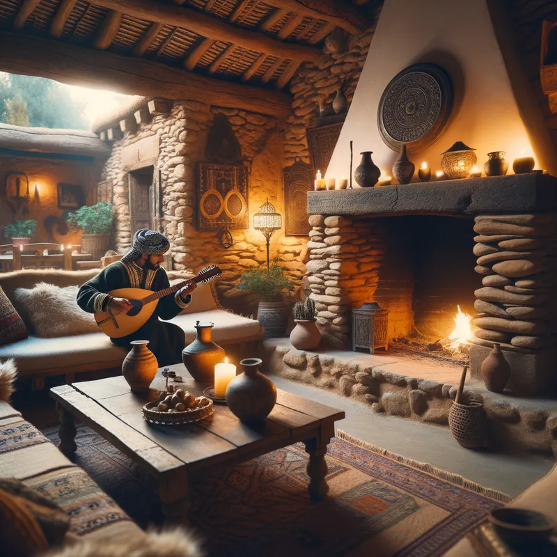 Matoub's Rustic Refuge - A serene rustic living room showcasing a stone fireplace and Matoub Lounes playing his guitar-like instrument. The setting is filled with cozy seating and a warm, welcoming atmosphere, perfect for relaxation and music. - AI image generated with Art