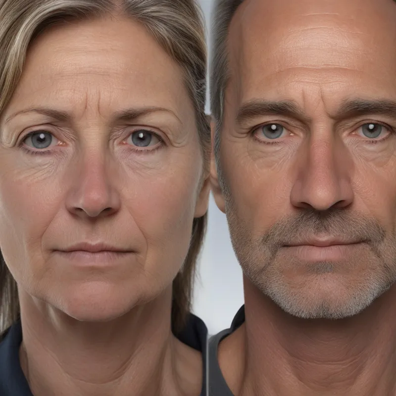 Mature Couple on Autumn Park Bench - Create a realistic, cinematic photograph using the provided reference images ONLY for facial identity.

Subjects:
– One man and one woman, both 46 years old
– Use the uploaded reference photos strictly to preserve facial identity (bone structure, facial proportions, eyes, nose, lips, jawline, skin tone).
– Do NOT age them older or younger.
– Natural aging only: subtle lines, mature but healthy appearance, no gray or white hair.

Hair:
– Woman: long dark brown hair, healthy, natural texture
– Man: shaved or very short hair, light beard stubble as in reference

Scene & Composition:
– Full-body shot, both people fully visible
– All four legs clearly visible
– Sitting side by side on a wooden park bench
– Natural, relaxed posture, knees and feet visible
– Hands resting naturally (optional: gently touching, but no exaggerated romance)

Environment:
– Autumn park by a calm lake
– Warm golden-hour sunset light
– Soft background blur (shallow depth of field)
– Trees with autumn colors, peaceful and realistic atmosphere

Mood & Emotion:
– Quiet familiarity, calm emotional connection
– No dramatic poses
– No fantasy, no symbolism
– Feeling of maturity, acceptance, emotional depth without sadness

Style:
– Ultra-realistic photography
– Cinematic lighting
– Natural colors
– High resolution, sharp facial details
– DSLR look, 50mm lens feel

Important restrictions:
– Do NOT add text or captions
– Do NOT change facial identity
– Do NOT add extra people
– Do NOT hide legs, feet, or body parts
– Do NOT exaggerate youth or old age

Aspect ratio: 3:4 or 4:5
Quality: photorealistic, high detail, professional photography - AI image generated with Photorealistic