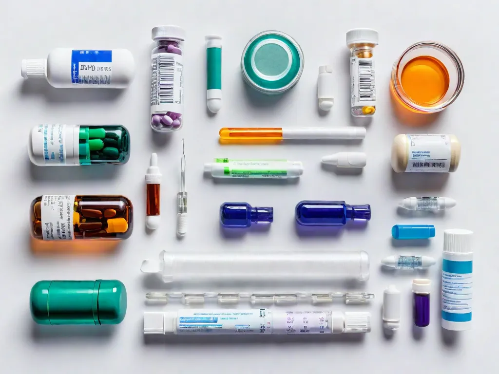 Medication Assortment - An organized assortment of various medications in different forms, including tablets, capsules, syringes, and bottles, arranged neatly on a clean, white surface. The colors and sizes of the medication vary, creating a visually engaging and informative image. The scene is well-lit with a professional, clinical aesthetic to convey a sense of healthcare and pharmaceutical care. - AI image generated with Photorealistic